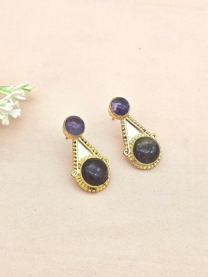 Awesome Gold plated Amethyst - Labradorite Stone Designer light Weight Statement Earrings