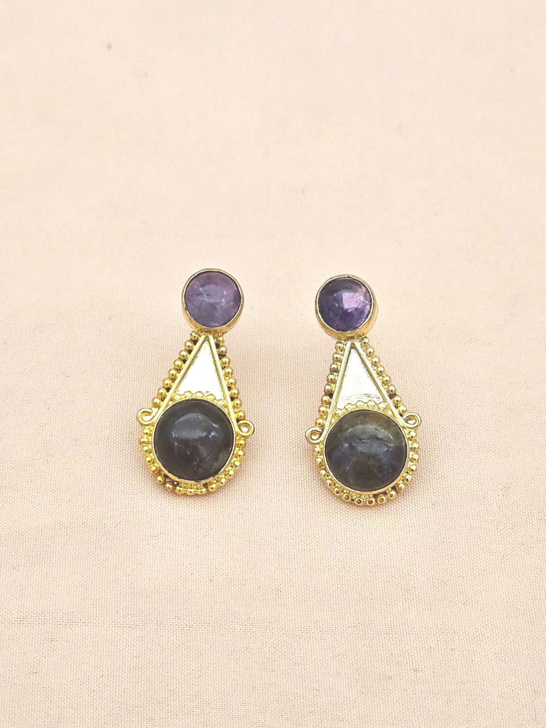 Awesome Gold plated Amethyst - Labradorite Stone Designer light Weight Statement Earrings