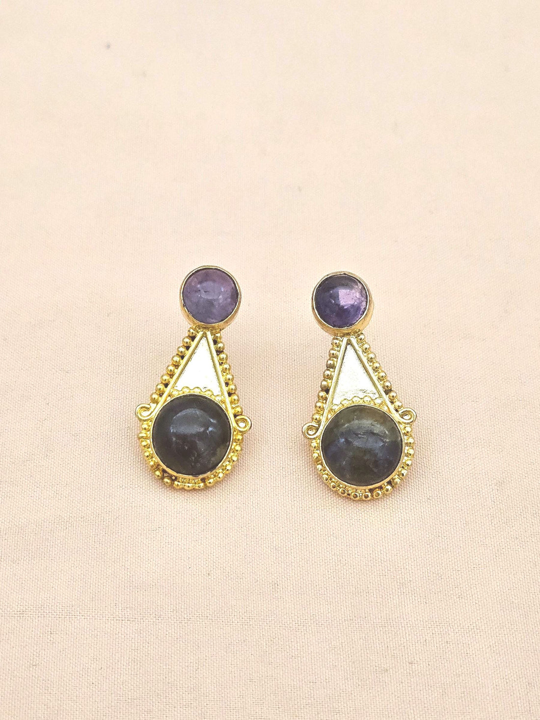 Awesome Gold plated Amethyst - Labradorite Stone Designer light Weight Statement Earrings