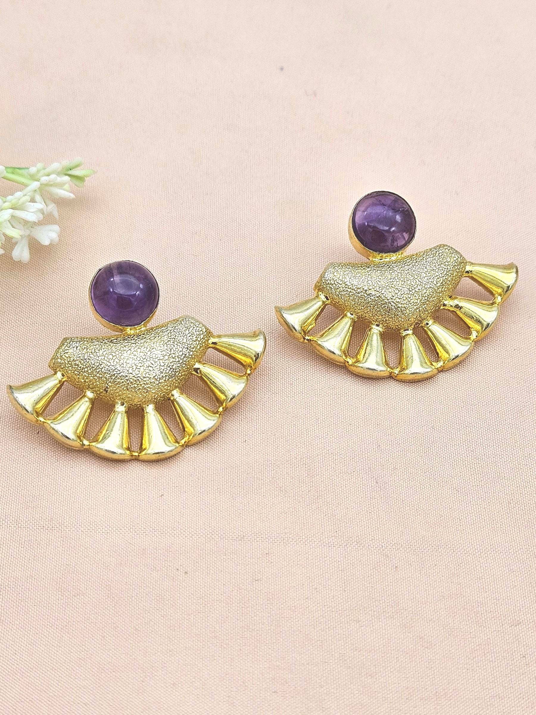 Handcrafted Gold plated Amethyst Stone Designer light Weight Statement Earrings