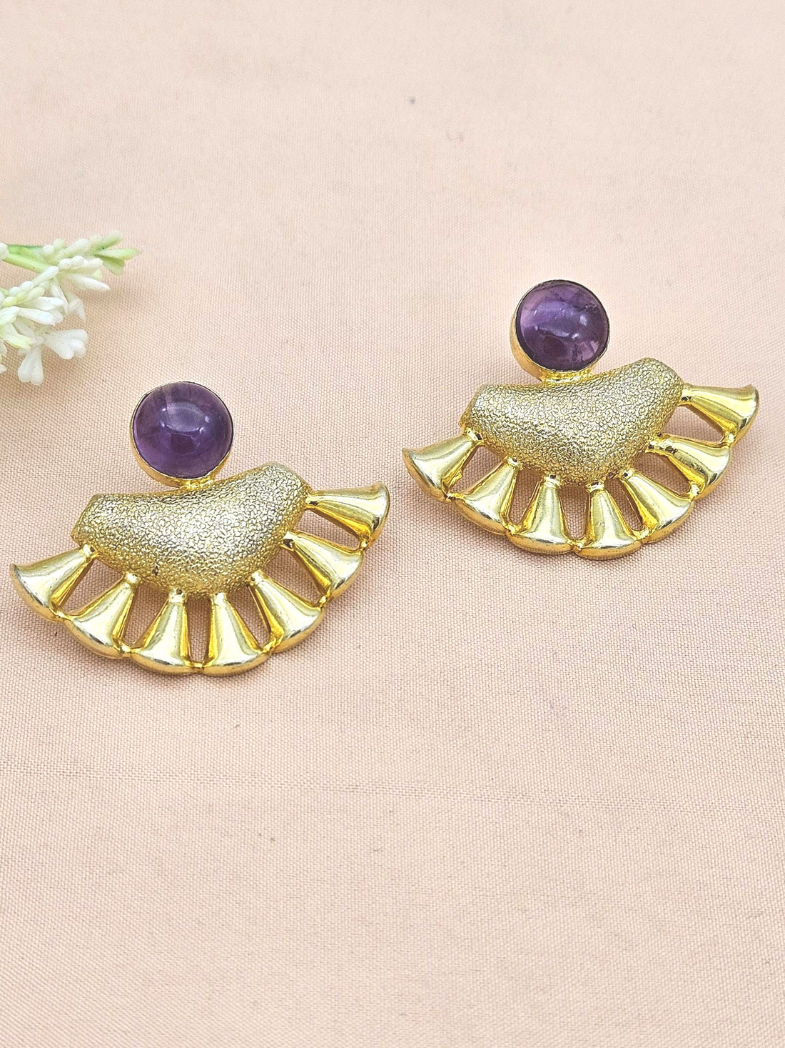 Handcrafted Gold plated Amethyst Stone Designer light Weight Statement Earrings