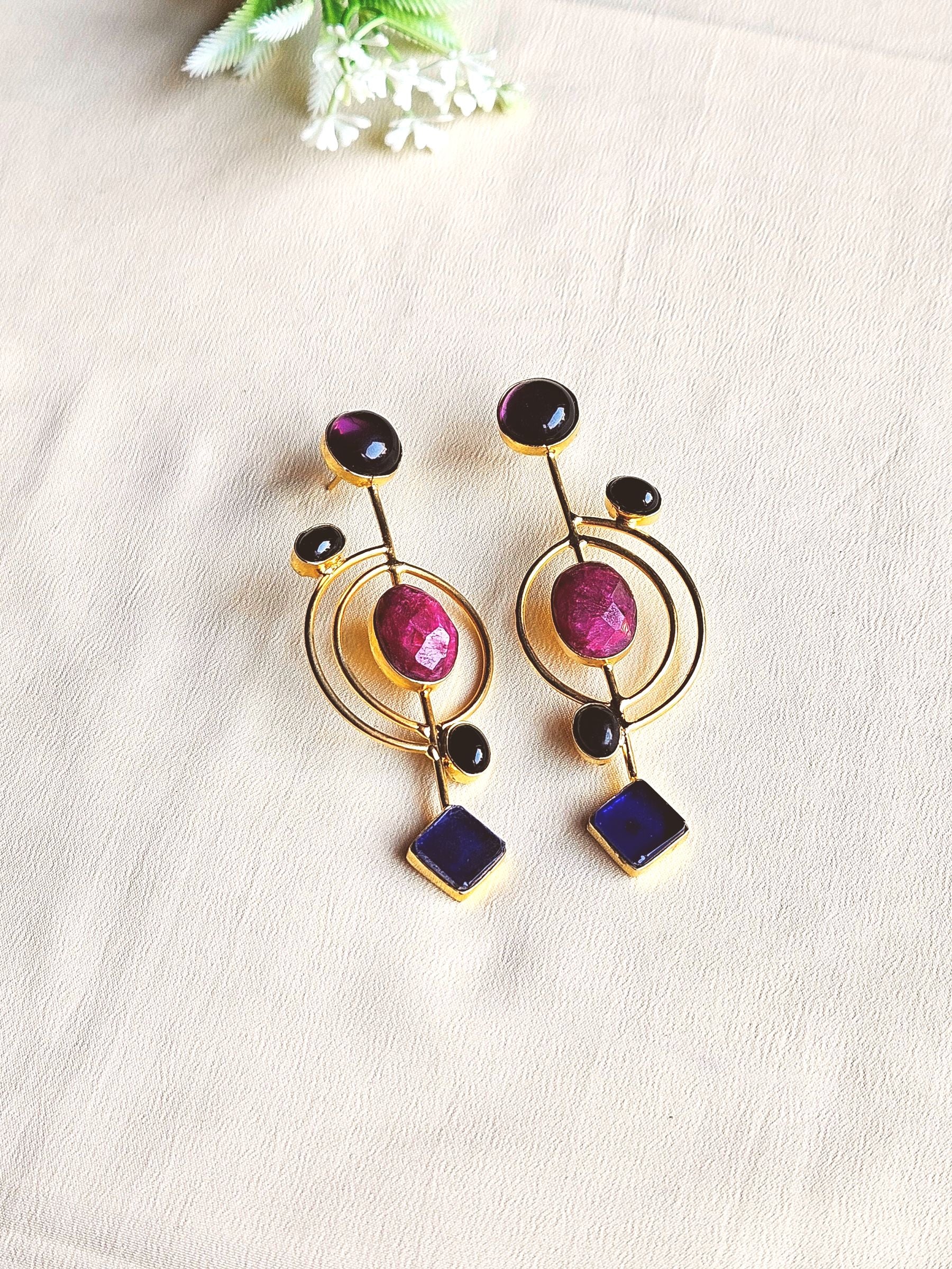 Stunning Gold plated Semi Precious Stone attractive designer Costume Statement Earrings