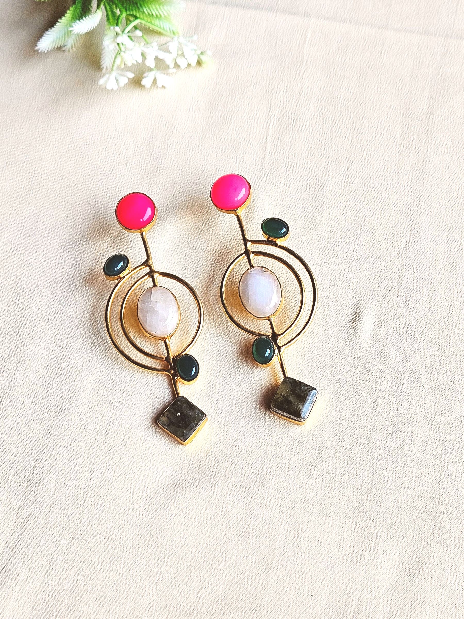 Stunning Gold plated Semi Precious Stone attractive designer Costume Statement Earrings