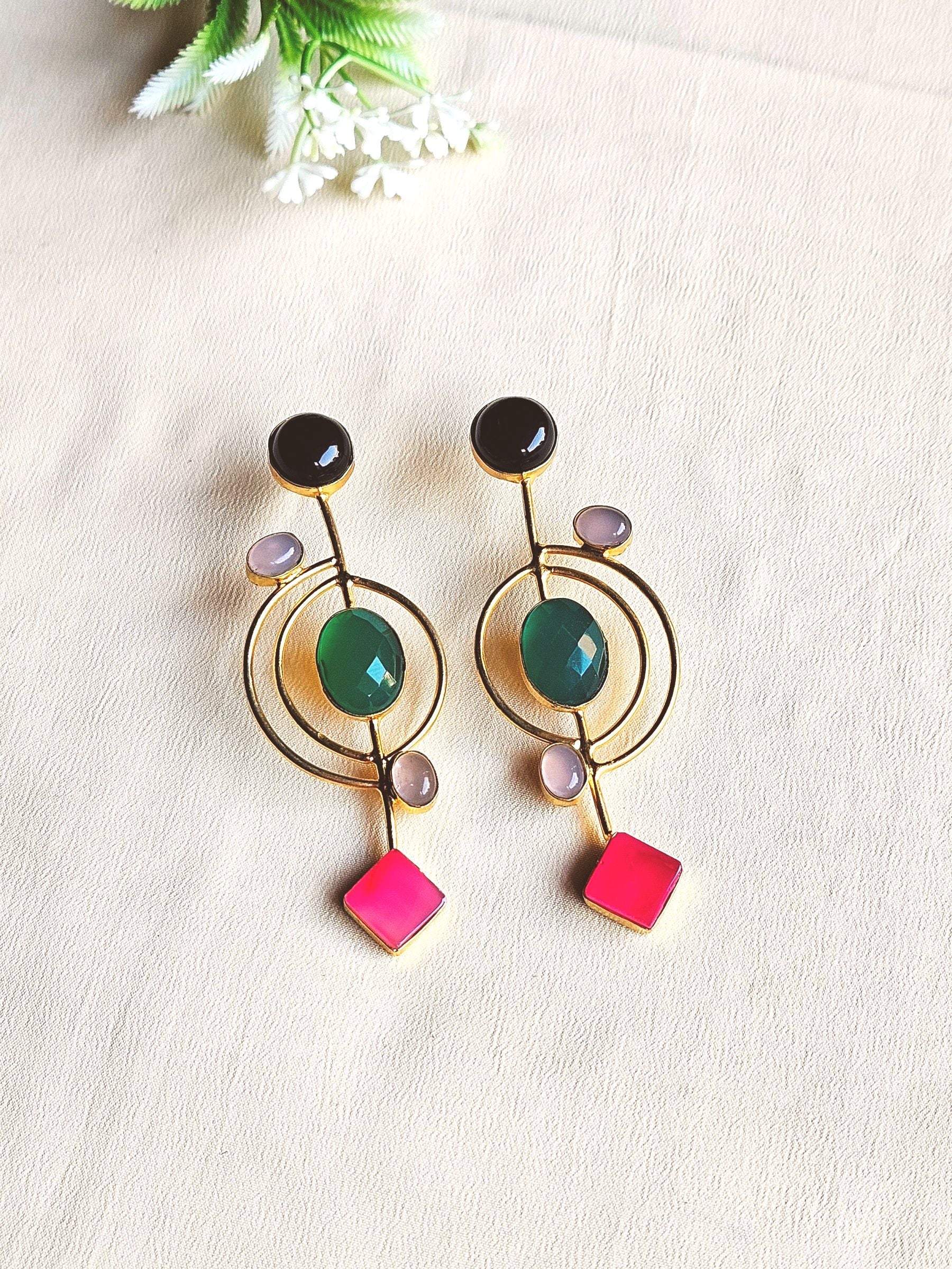 Stunning Gold plated Semi Precious Stone attractive designer Costume Statement Earrings