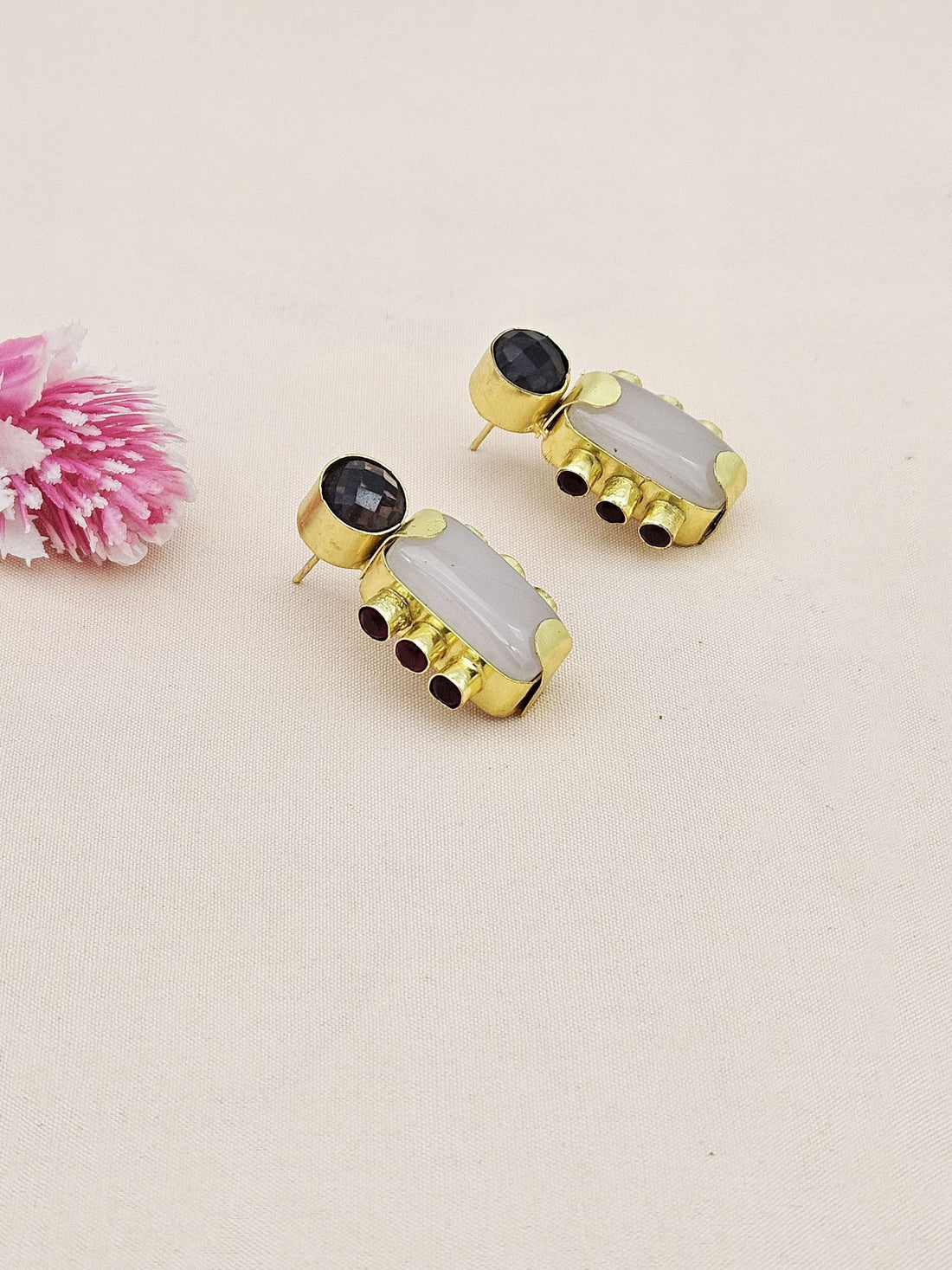 Amazing Gold plated Rose Quartz-Amethyst-Red Onyx Stone Designer light Weight Statement Earrings