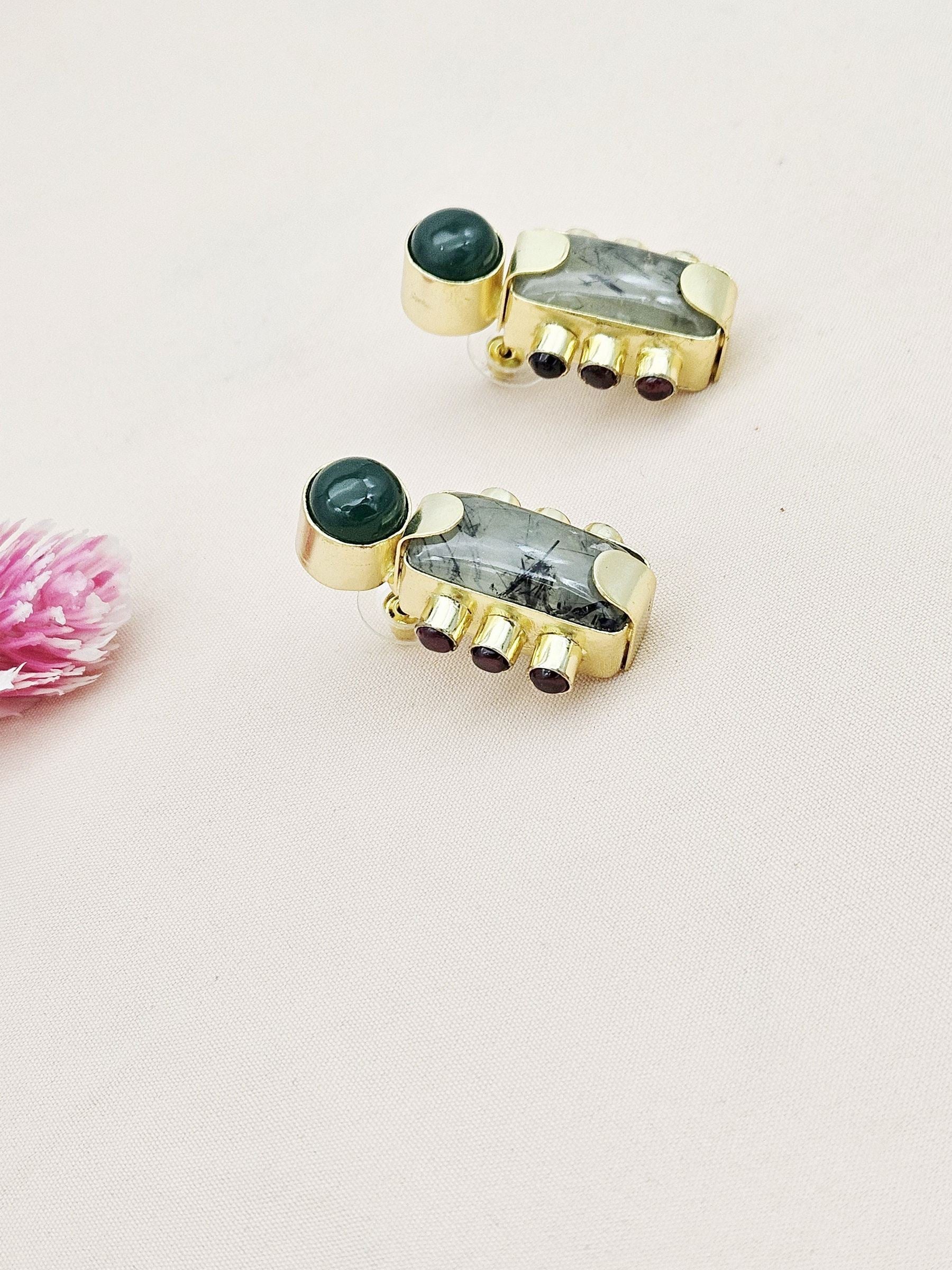 Amazing Gold plated Prehnite-Green & Red Onyx Stone Designer light Weight Statement Earrings