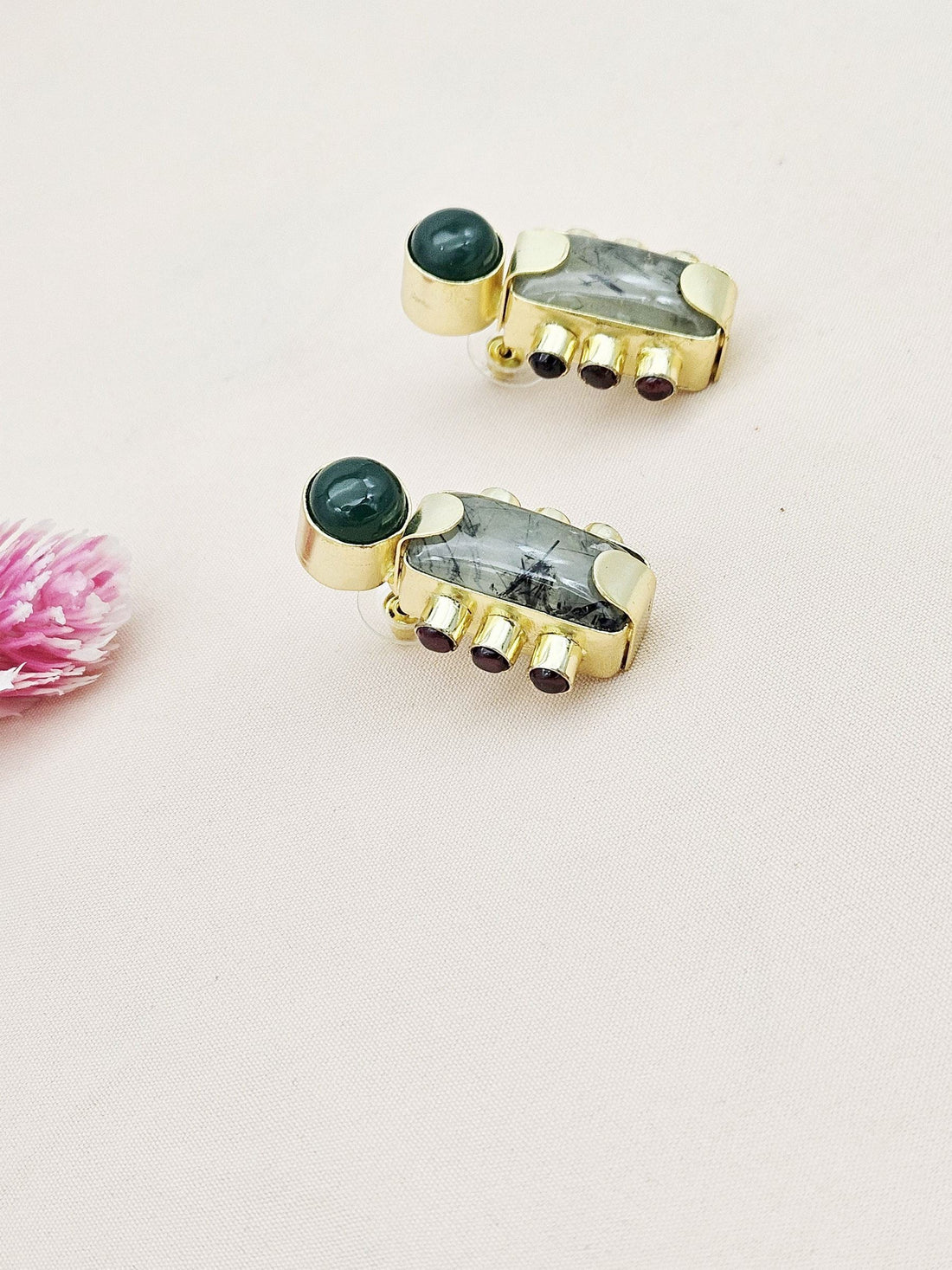 Amazing Gold plated Prehnite-Green & Red Onyx Stone Designer light Weight Statement Earrings