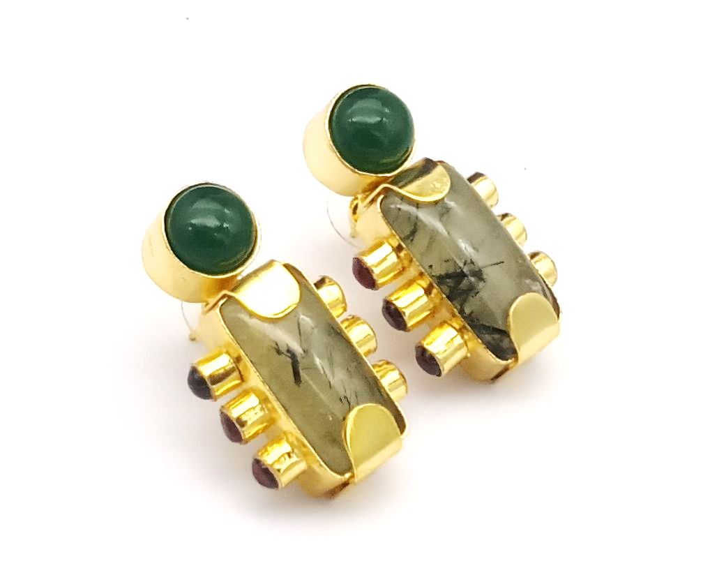 Amazing Gold plated Prehnite-Green & Red Onyx Stone Designer light Weight Statement Earrings