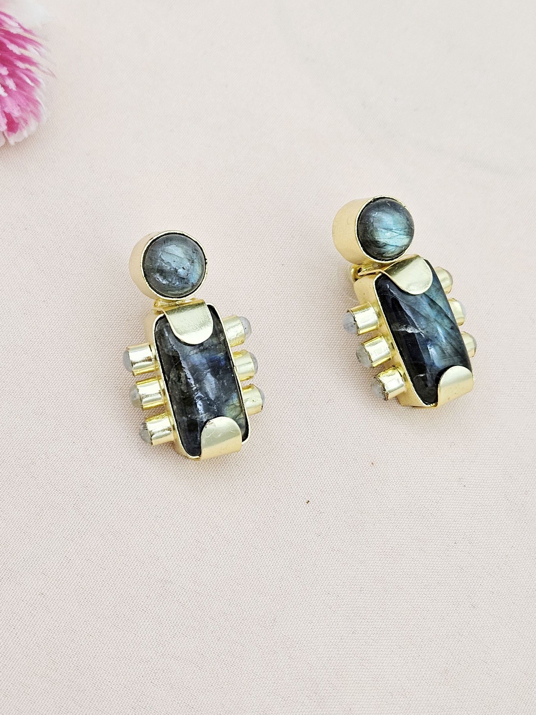 Amazing Gold plated Labradorite-White Rainbow Stone Designer light Weight Statement Earrings