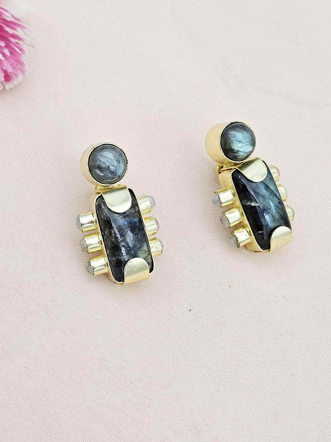 Amazing Gold plated Labradorite-White Rainbow Stone Designer light Weight Statement Earrings