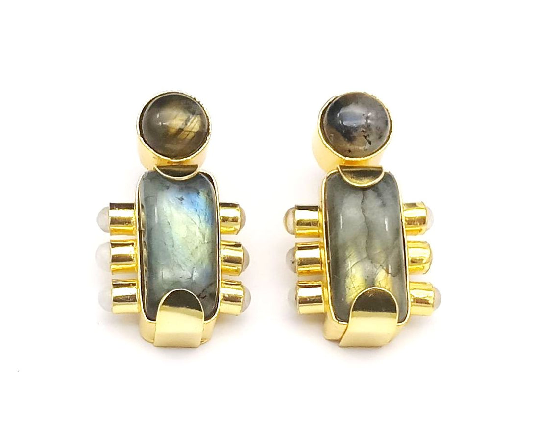 Amazing Gold plated Labradorite-White Rainbow Stone Designer light Weight Statement Earrings