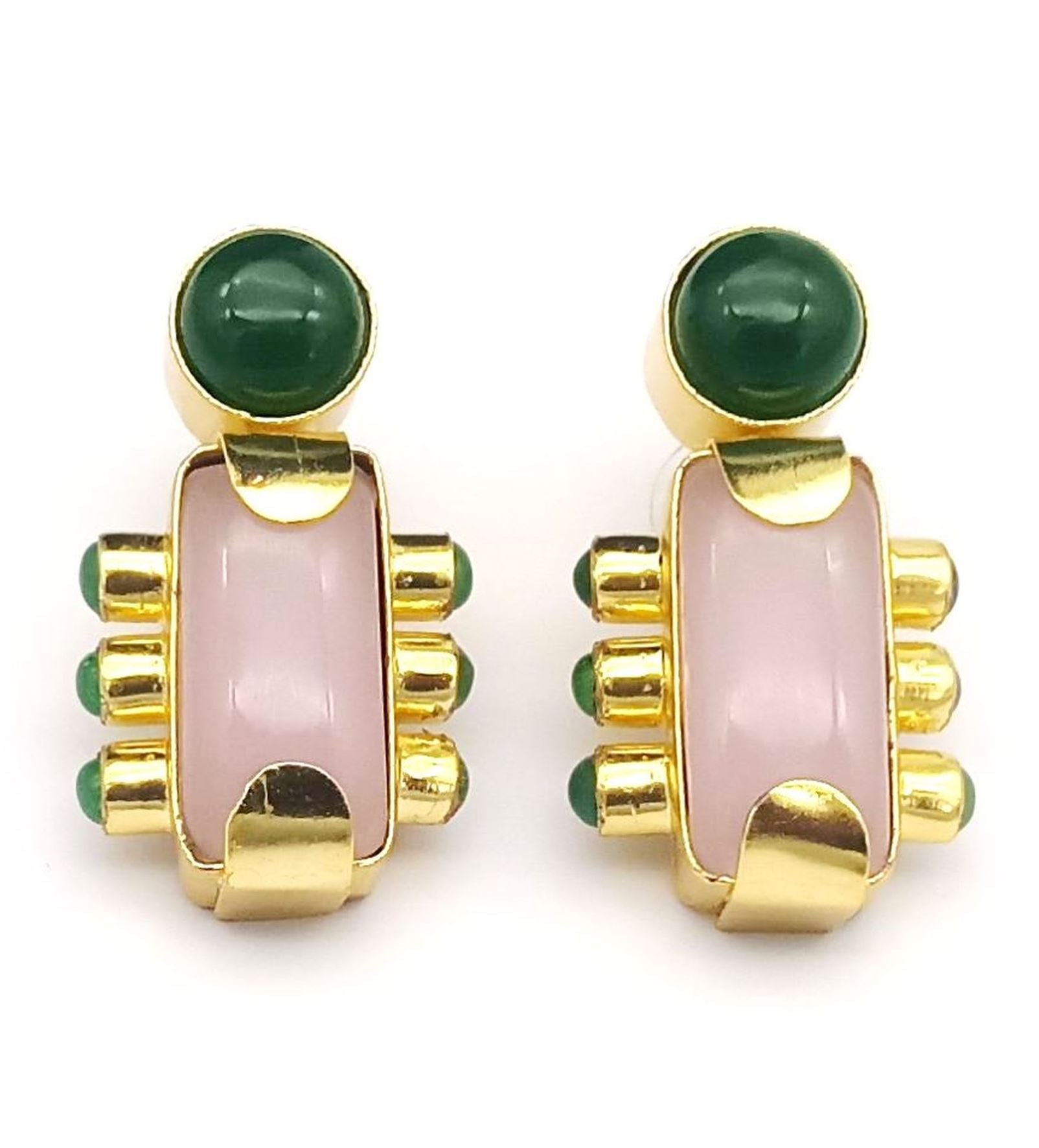 Amazing Gold plated Rose Qtz-Green Onyx Stone Designer light Weight Statement Earrings