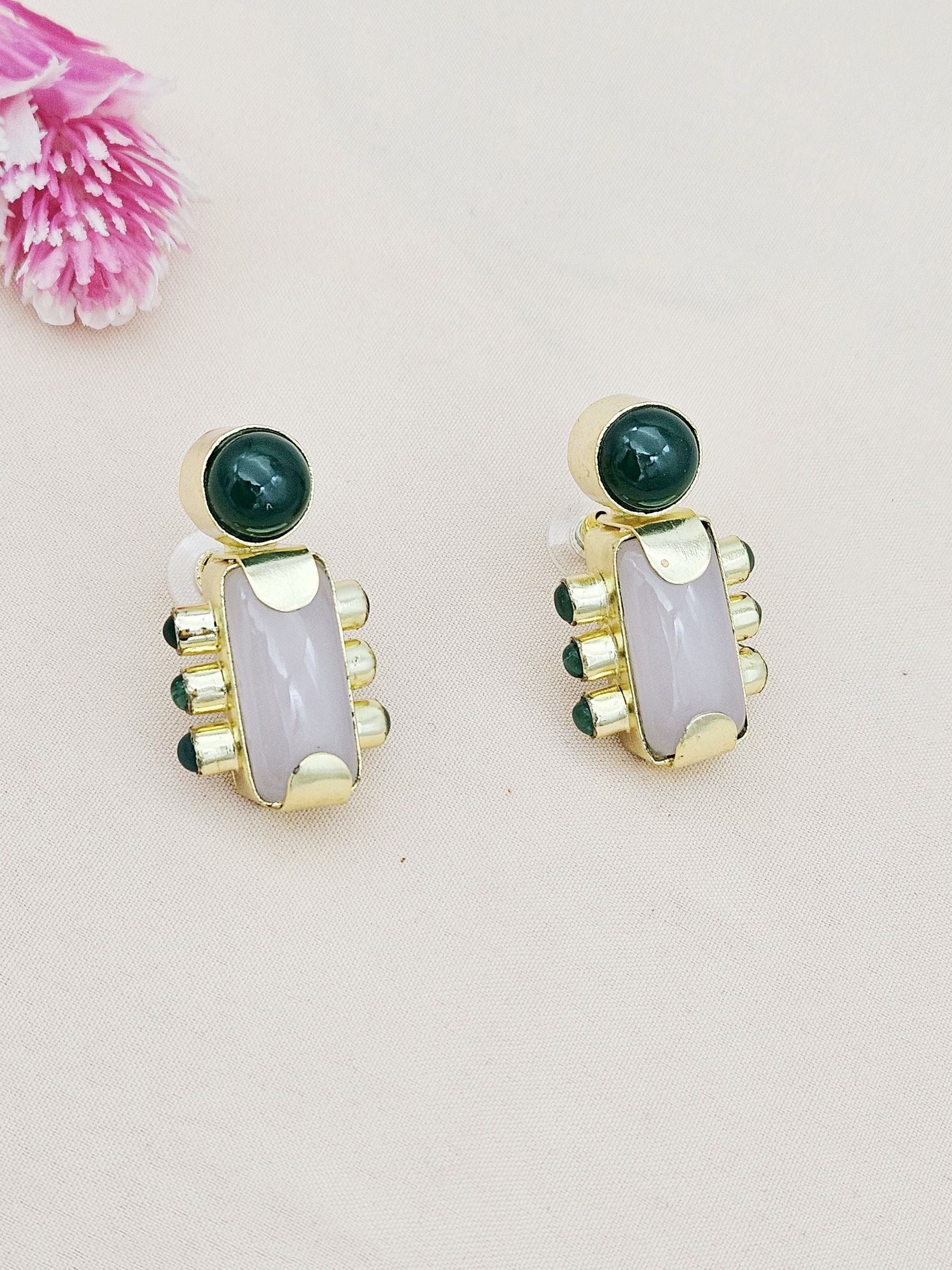 Amazing Gold plated Rose Qtz-Green Onyx Stone Designer light Weight Statement Earrings