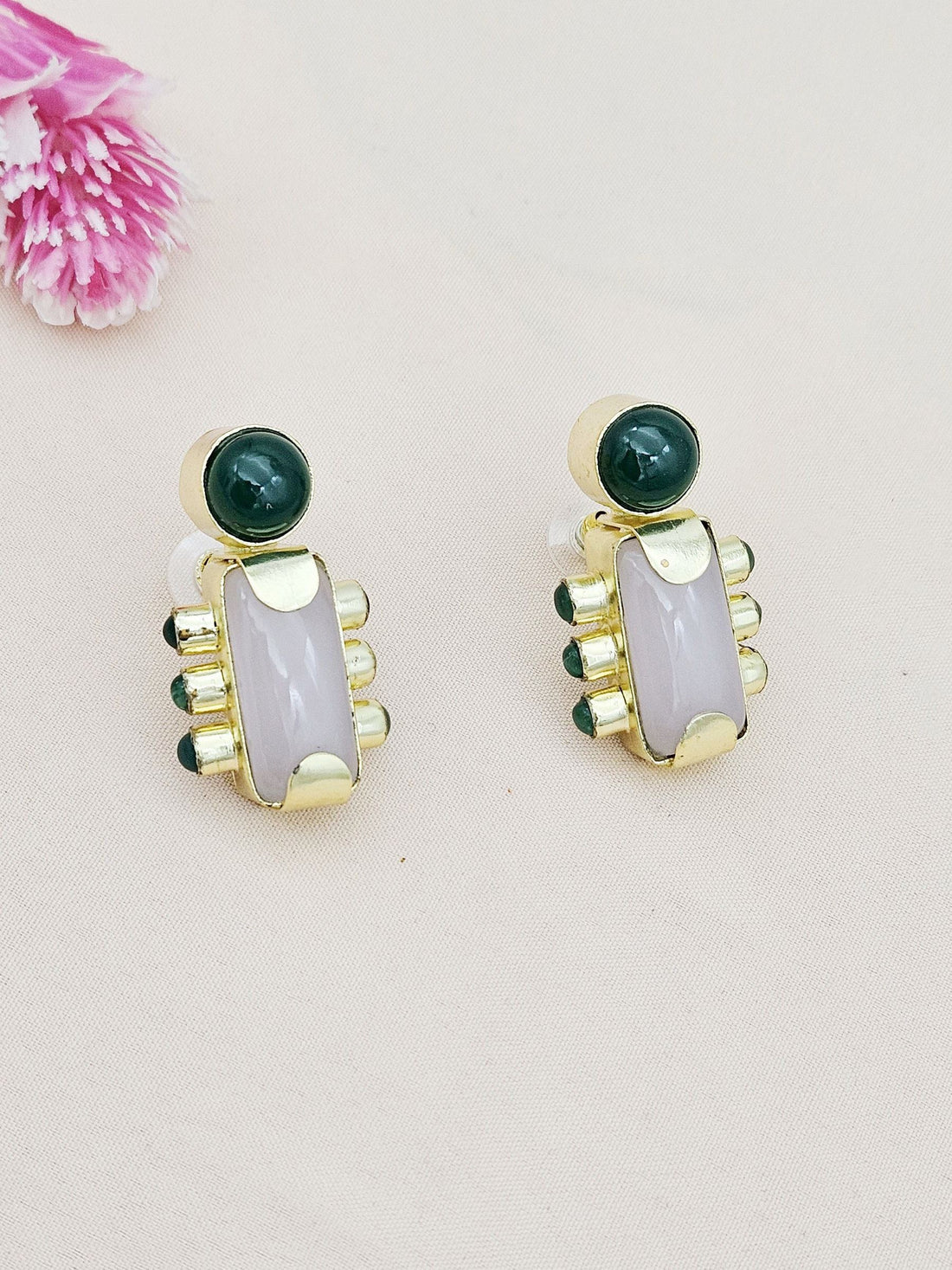 Amazing Gold plated Rose Qtz-Green Onyx Stone Designer light Weight Statement Earrings