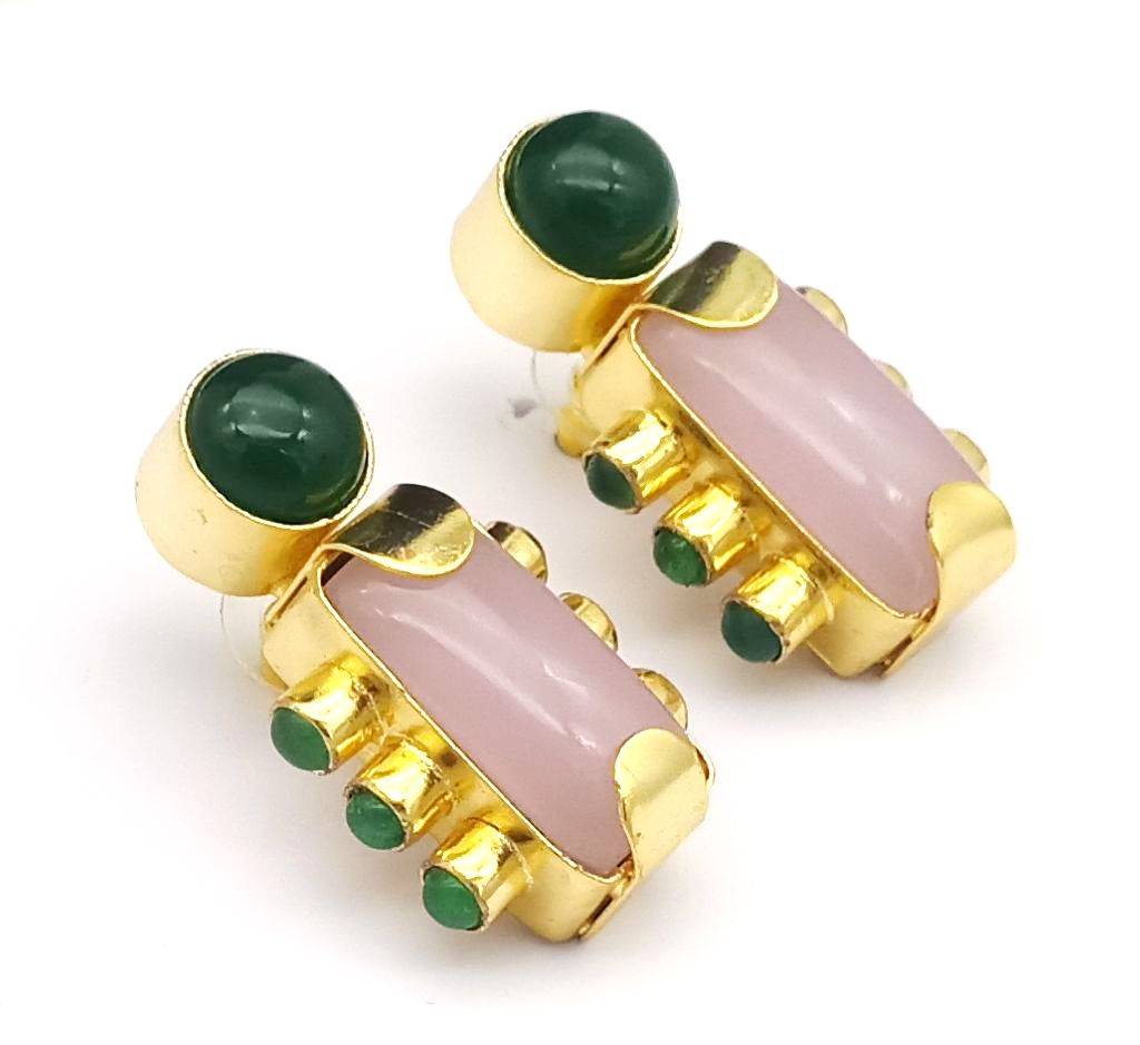 Amazing Gold plated Rose Qtz-Green Onyx Stone Designer light Weight Statement Earrings