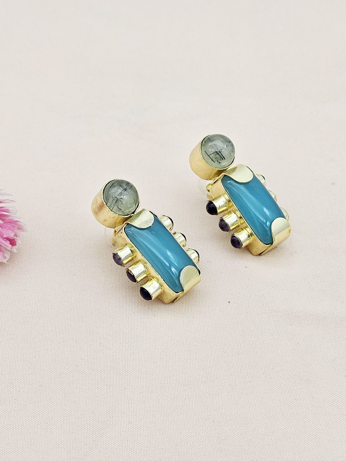 Amazing Gold plated Chalcedony-Prehnite-Amethyst Stone Designer light Weight Statement Earrings