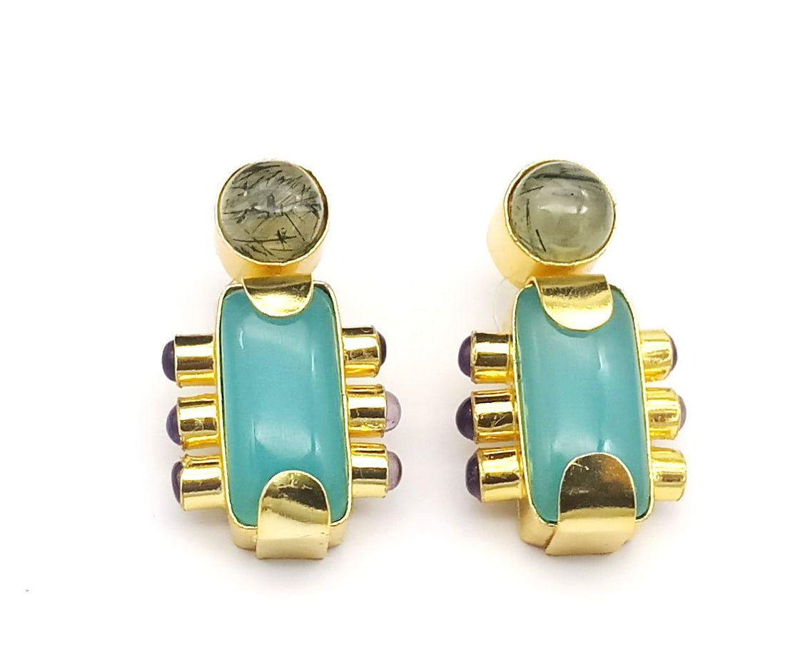 Amazing Gold plated Chalcedony-Prehnite-Amethyst Stone Designer light Weight Statement Earrings