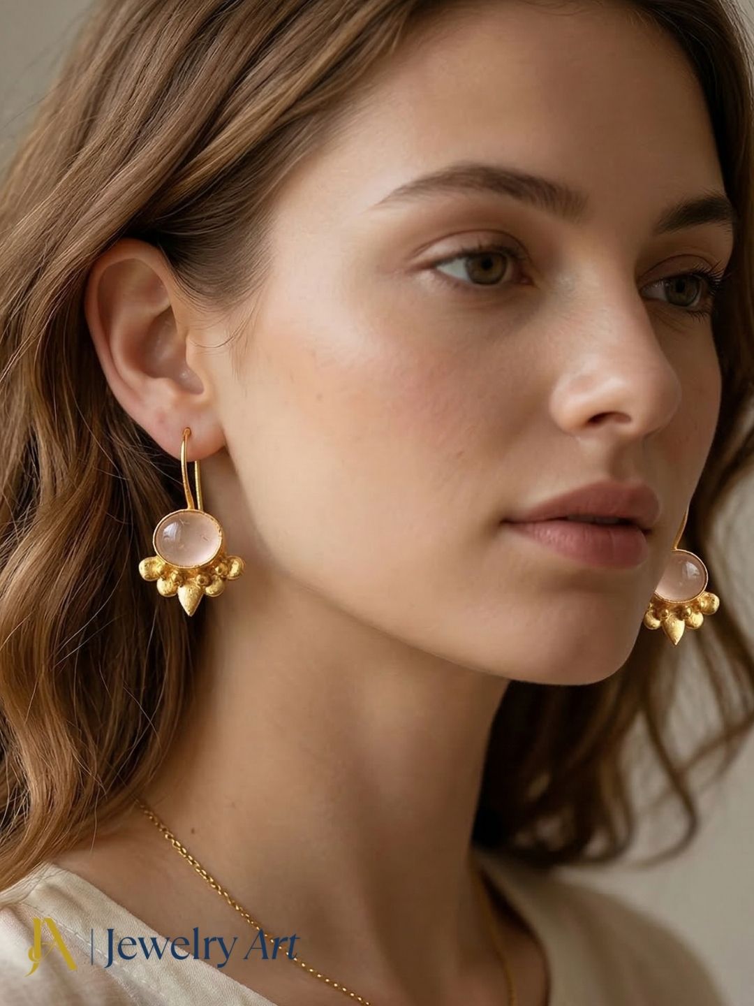 Charming Gold plated Rose Quartz Stone light Weight daily use Statement Earrings