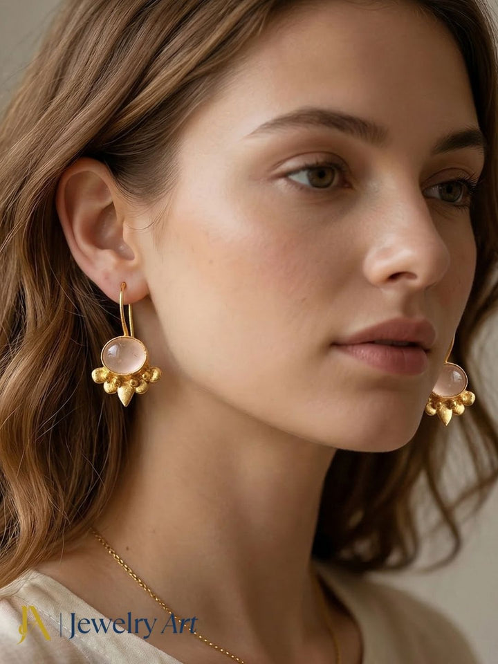 Simple and elegant gold plated earrings with rose quartz for daily use 

