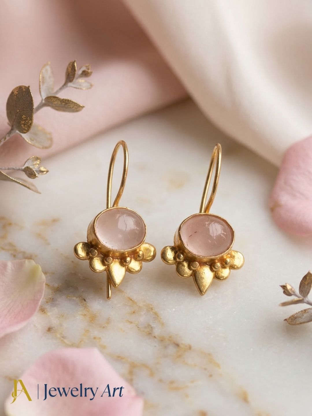 Simple and elegant gold plated earrings with rose quartz for daily use 
