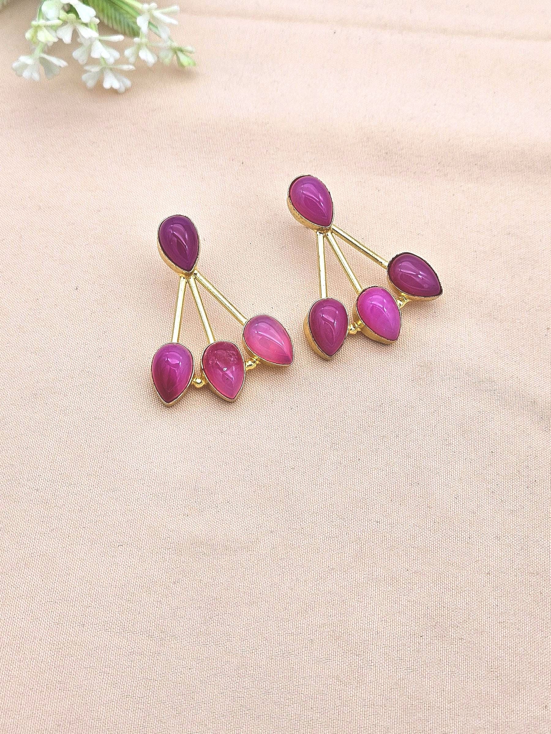 Gold Plated Brass Statement Earrings –Semi Precious Gem stone Handcrafted Jewelry