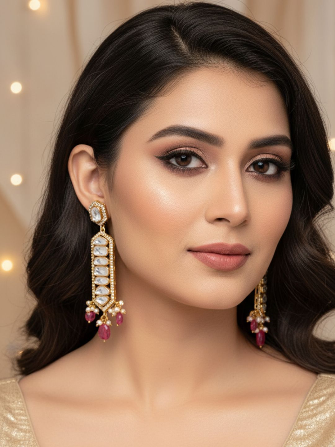 Awesome Antique Gold plated- AD - Polky- Red Jade Gemstone Beads Light Weight Party Wear Dangle Drop Earrings