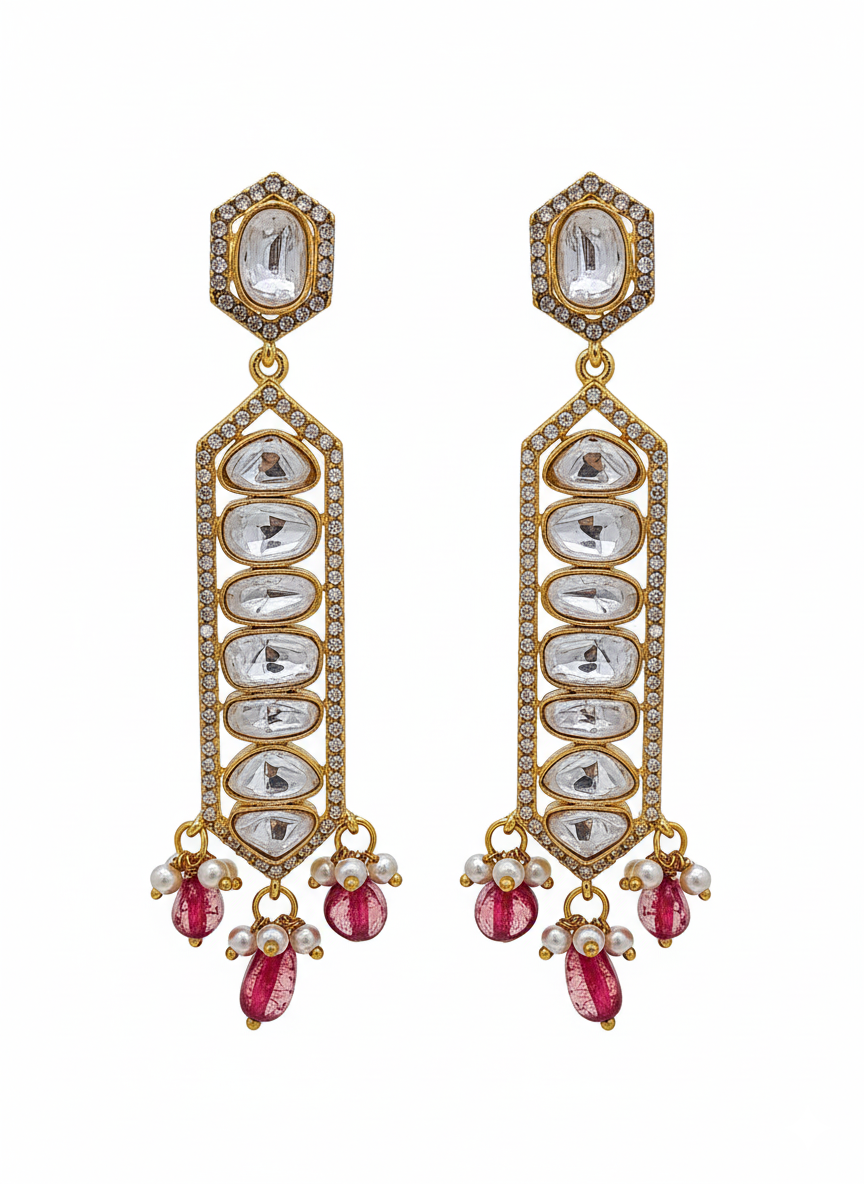 Awesome Antique Gold plated- AD - Polky- Red Jade Gemstone Beads Light Weight Party Wear Dangle Drop Earrings