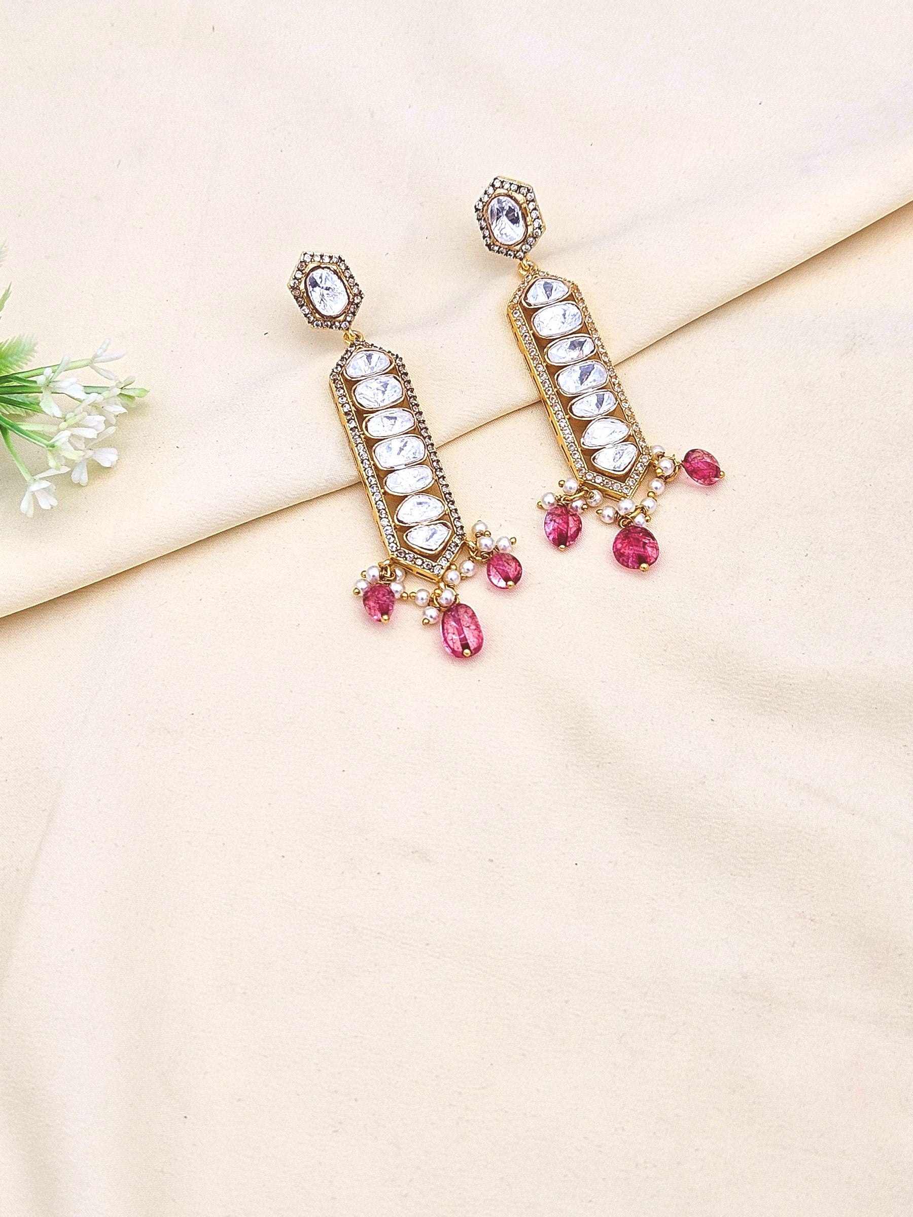 Awesome Antique Gold plated- AD - Polky- Red Jade Gemstone Beads Light Weight Party Wear Dangle Drop Earrings