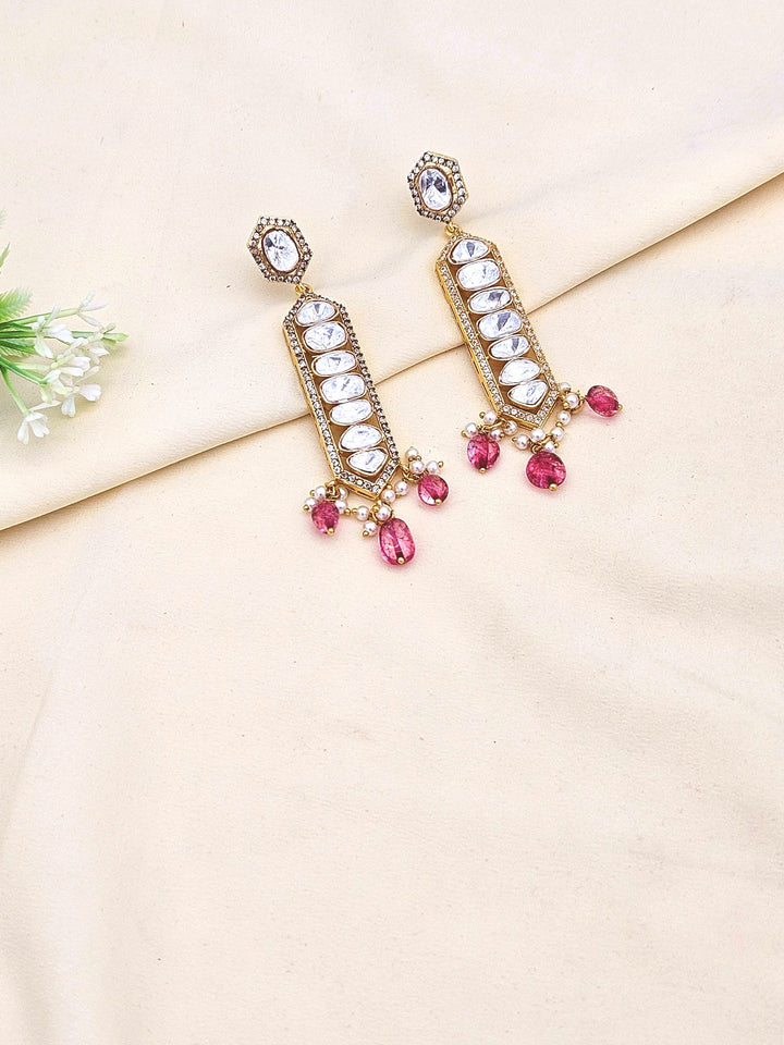 Awesome Antique Gold plated- AD - Polky- Red Jade Gemstone Beads Light Weight Party Wear Dangle Drop Earrings