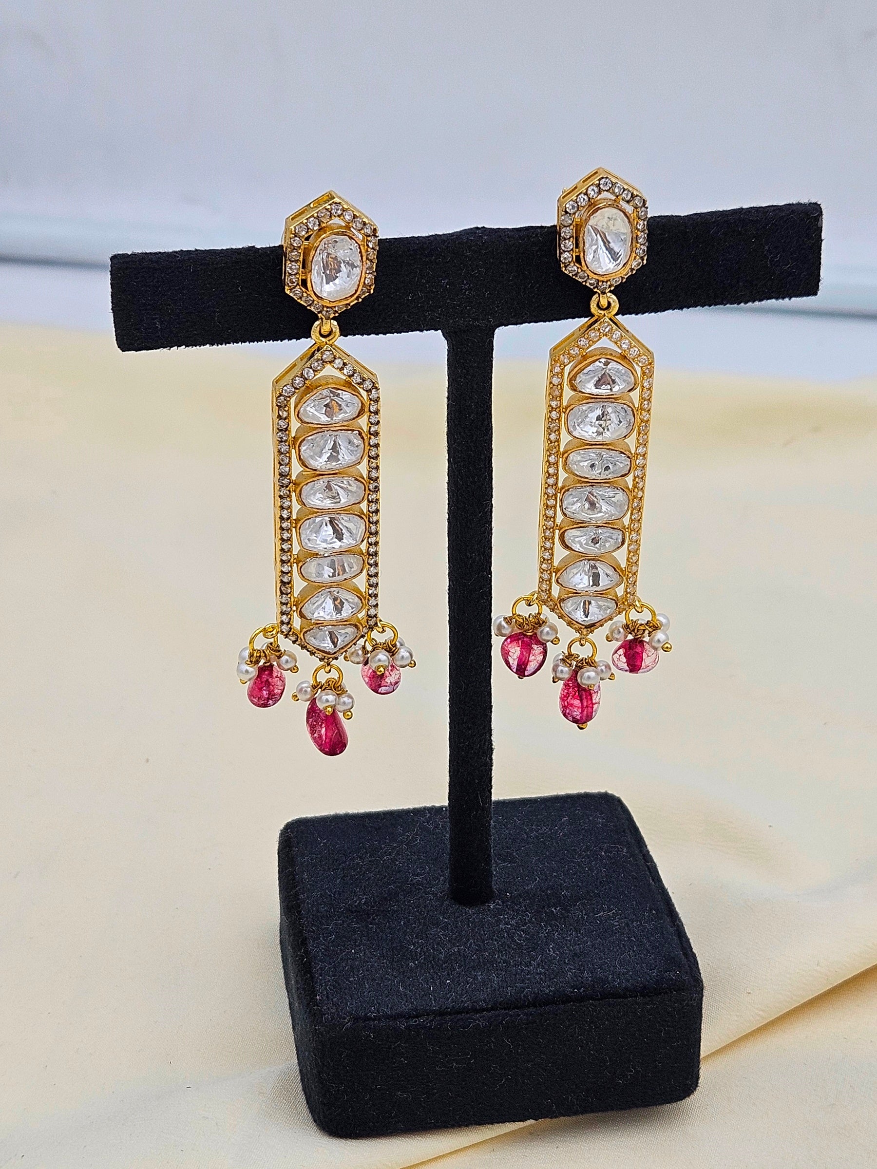 Awesome Antique Gold plated- AD - Polky- Red Jade Gemstone Beads Light Weight Party Wear Dangle Drop Earrings