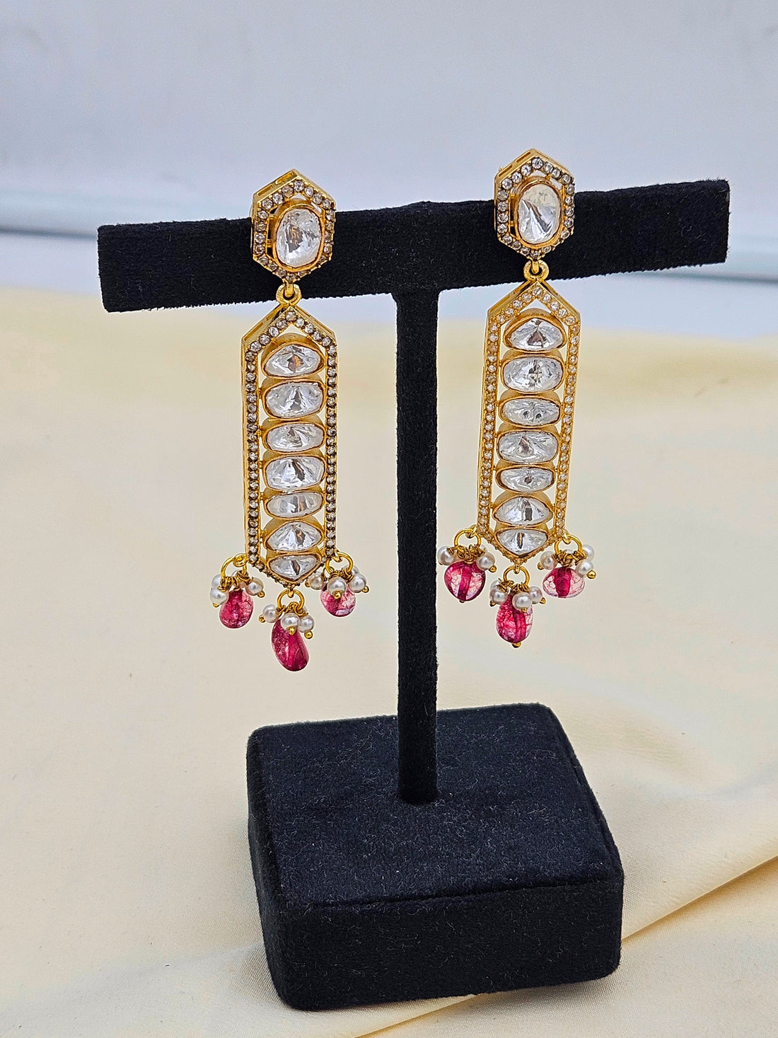 Awesome Antique Gold plated- AD - Polky- Red Jade Gemstone Beads Light Weight Party Wear Dangle Drop Earrings