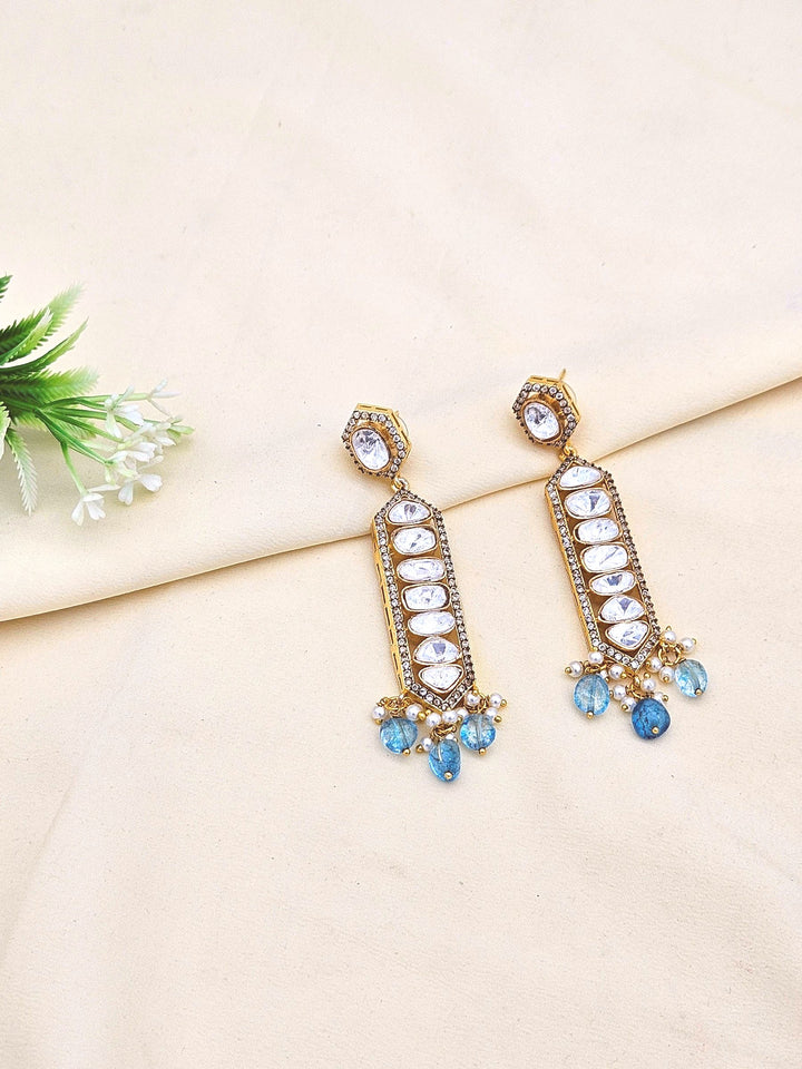 Awesome Antique Gold plated -AD - Polky- Blue Jade Gemstone Beads Light Weight Party Wear Dangle Drop Earrings