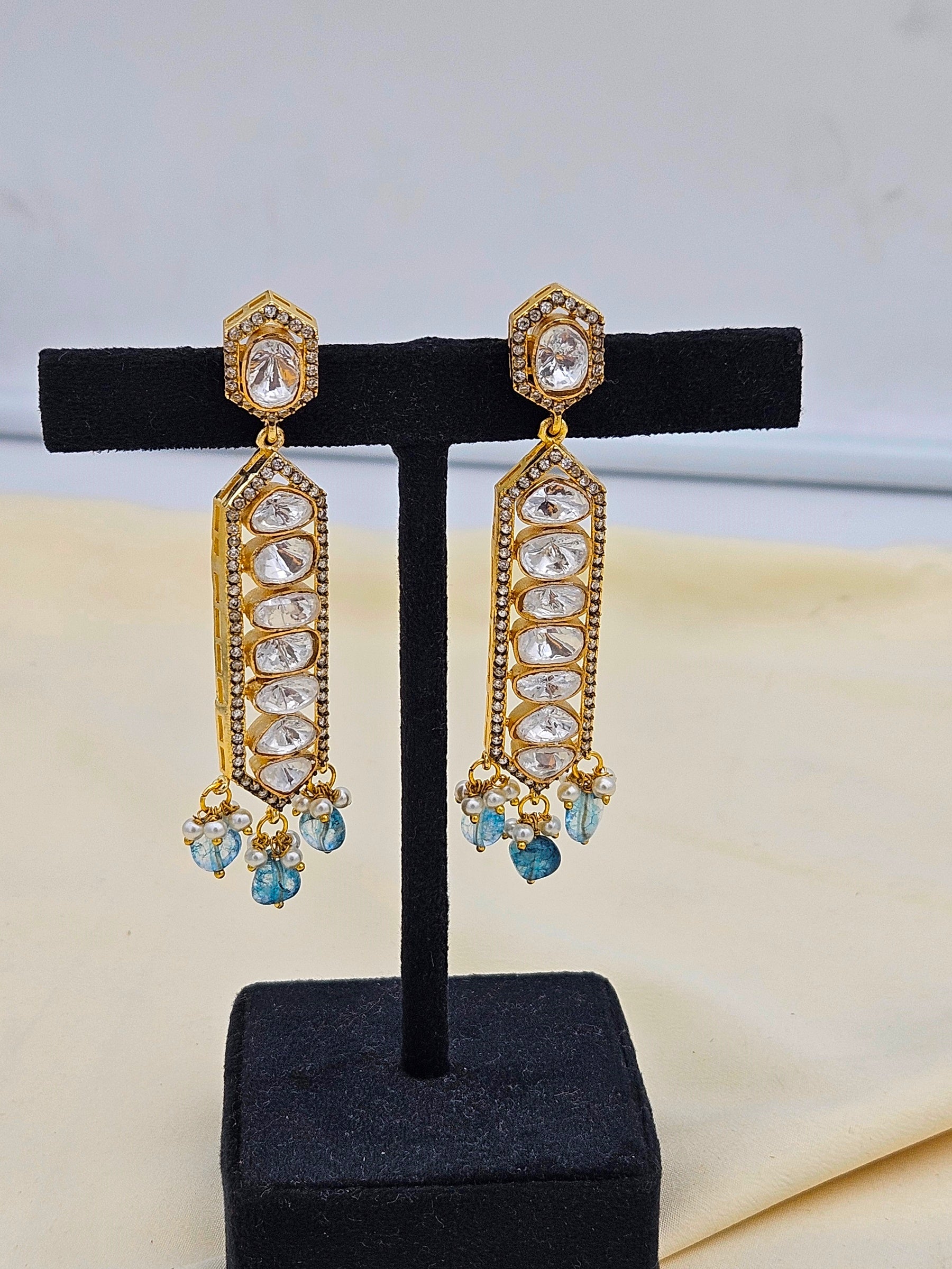 Awesome Antique Gold plated -AD - Polky- Blue Jade Gemstone Beads Light Weight Party Wear Dangle Drop Earrings