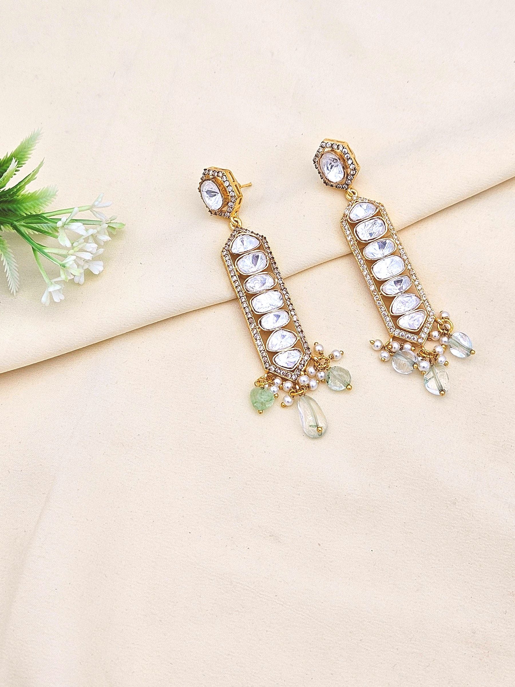 Awesome  Antique Gold Plated AD - Polky- Green Jade Gemstone Beads Light Weight Party Wear Dangle Drop Earrings