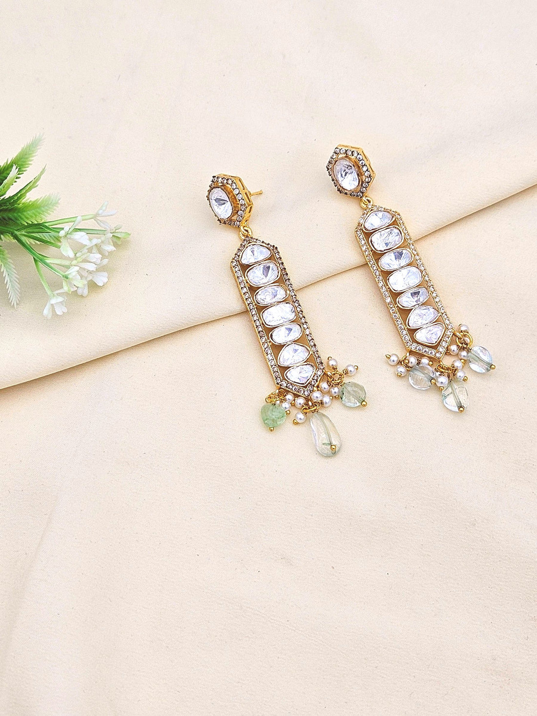 Awesome  Antique Gold Plated AD - Polky- Green Jade Gemstone Beads Light Weight Party Wear Dangle Drop Earrings