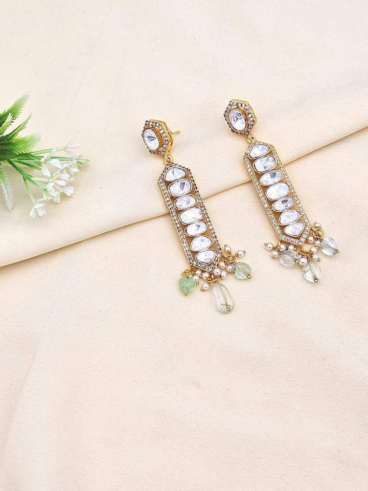 Awesome  Antique Gold Plated AD - Polky- Green Jade Gemstone Beads Light Weight Party Wear Dangle Drop Earrings