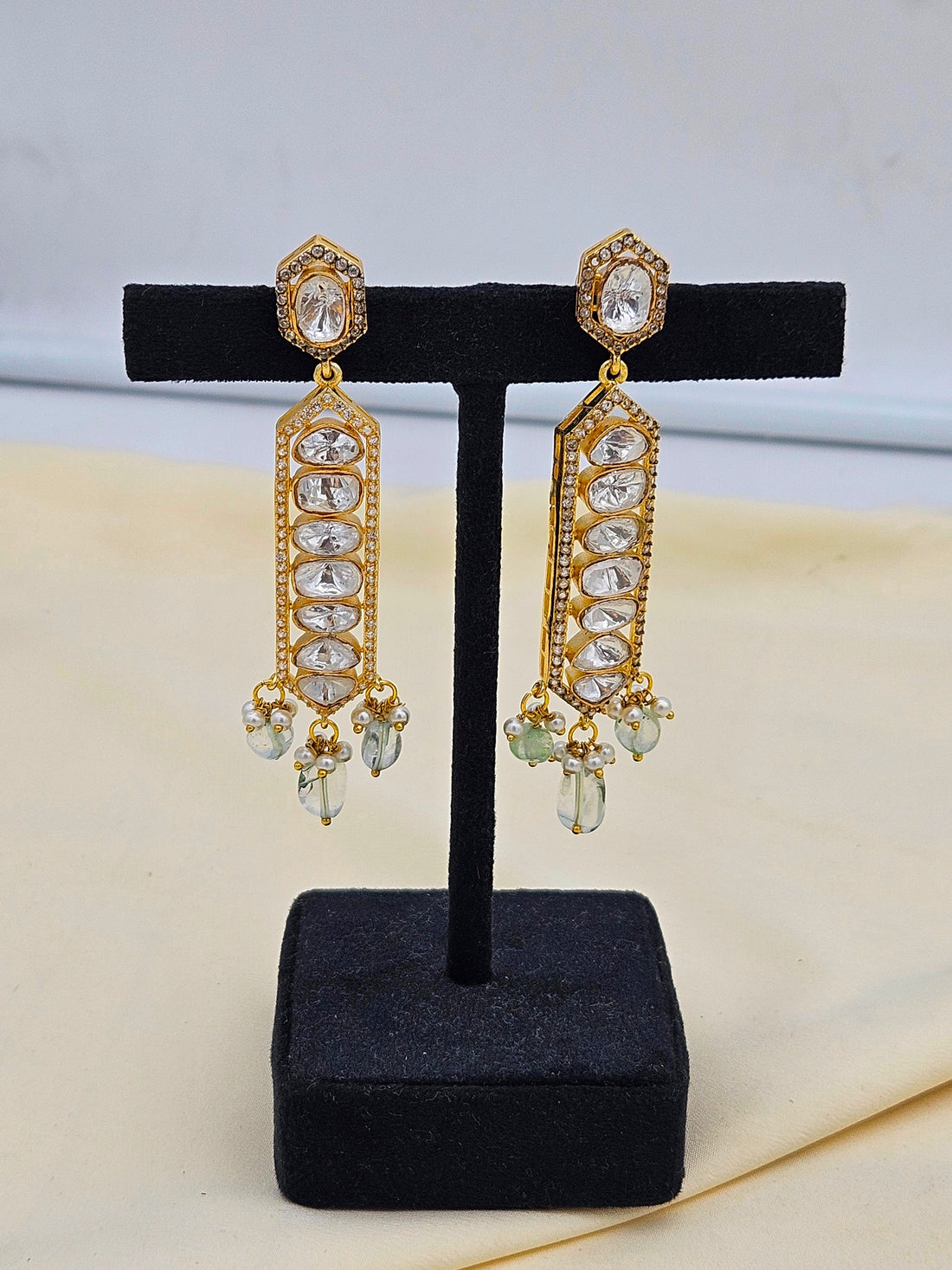 Awesome  Antique Gold Plated AD - Polky- Green Jade Gemstone Beads Light Weight Party Wear Dangle Drop Earrings