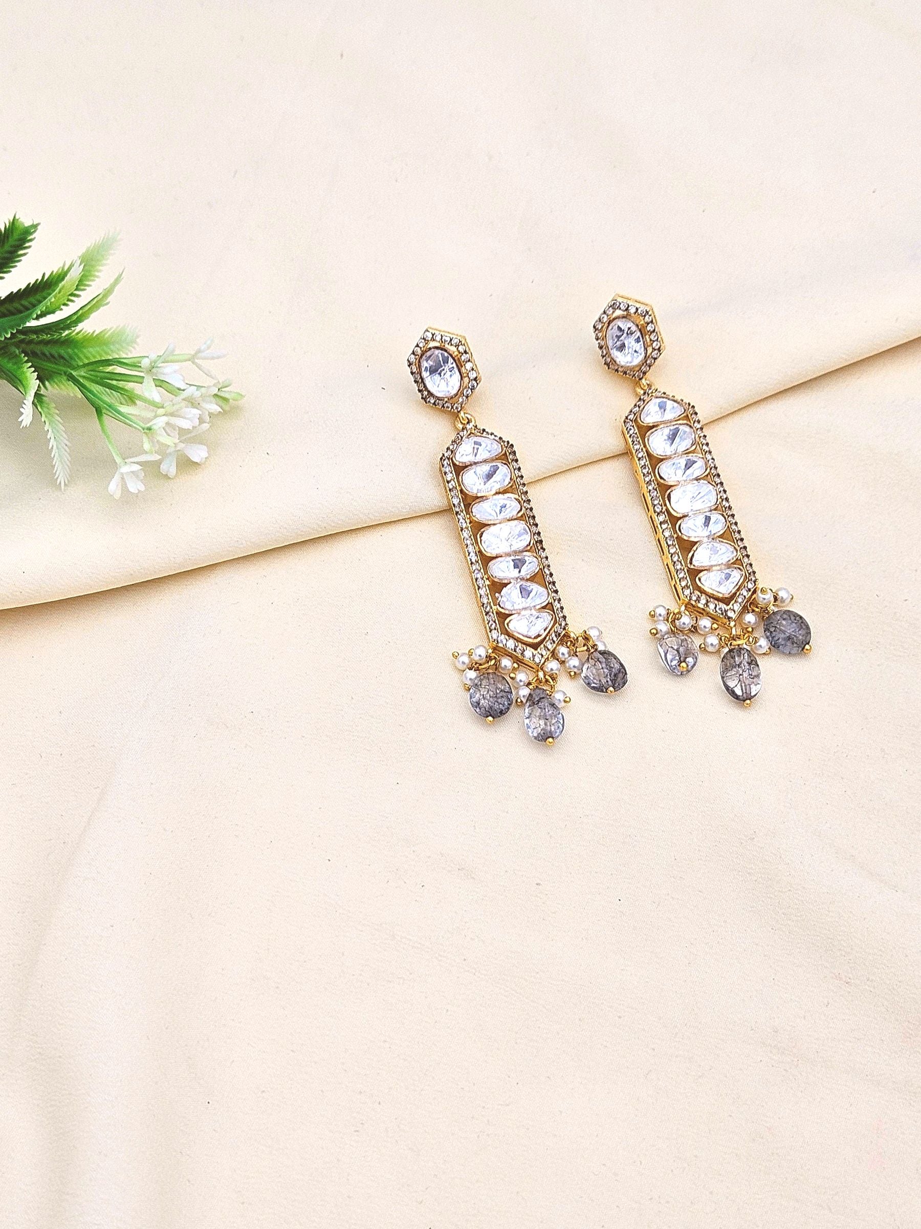 Awesome Antique Gold Plated AD - Polky- Black Rutile Gemstone Beads Light Weight Party Wear Dangle Drop Earrings