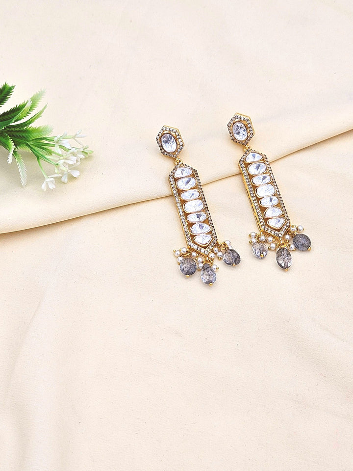 Awesome Antique Gold Plated AD - Polky- Black Rutile Gemstone Beads Light Weight Party Wear Dangle Drop Earrings