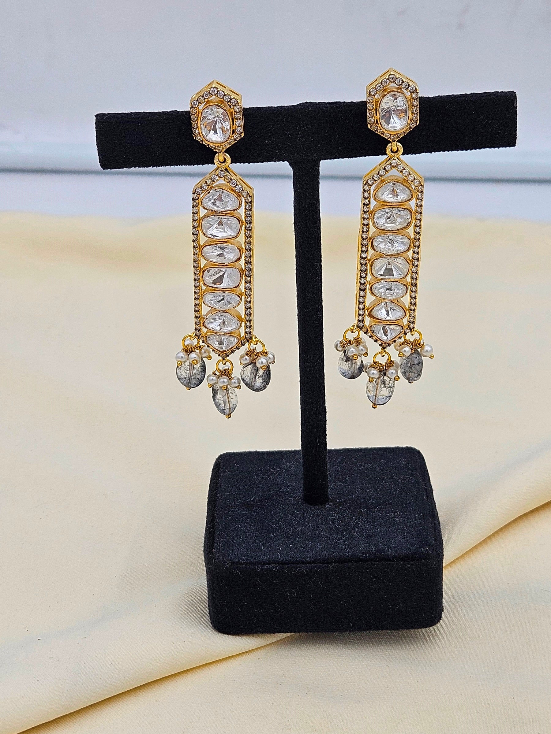 Awesome Antique Gold Plated AD - Polky- Black Rutile Gemstone Beads Light Weight Party Wear Dangle Drop Earrings