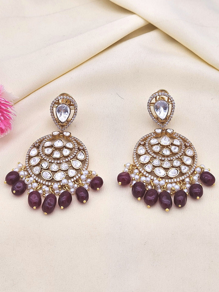 Amazing Artistic Antique Gold plated AD Stone & Polky-Red Quartz Beads with Shell Pearl Dangle Drop Earrings