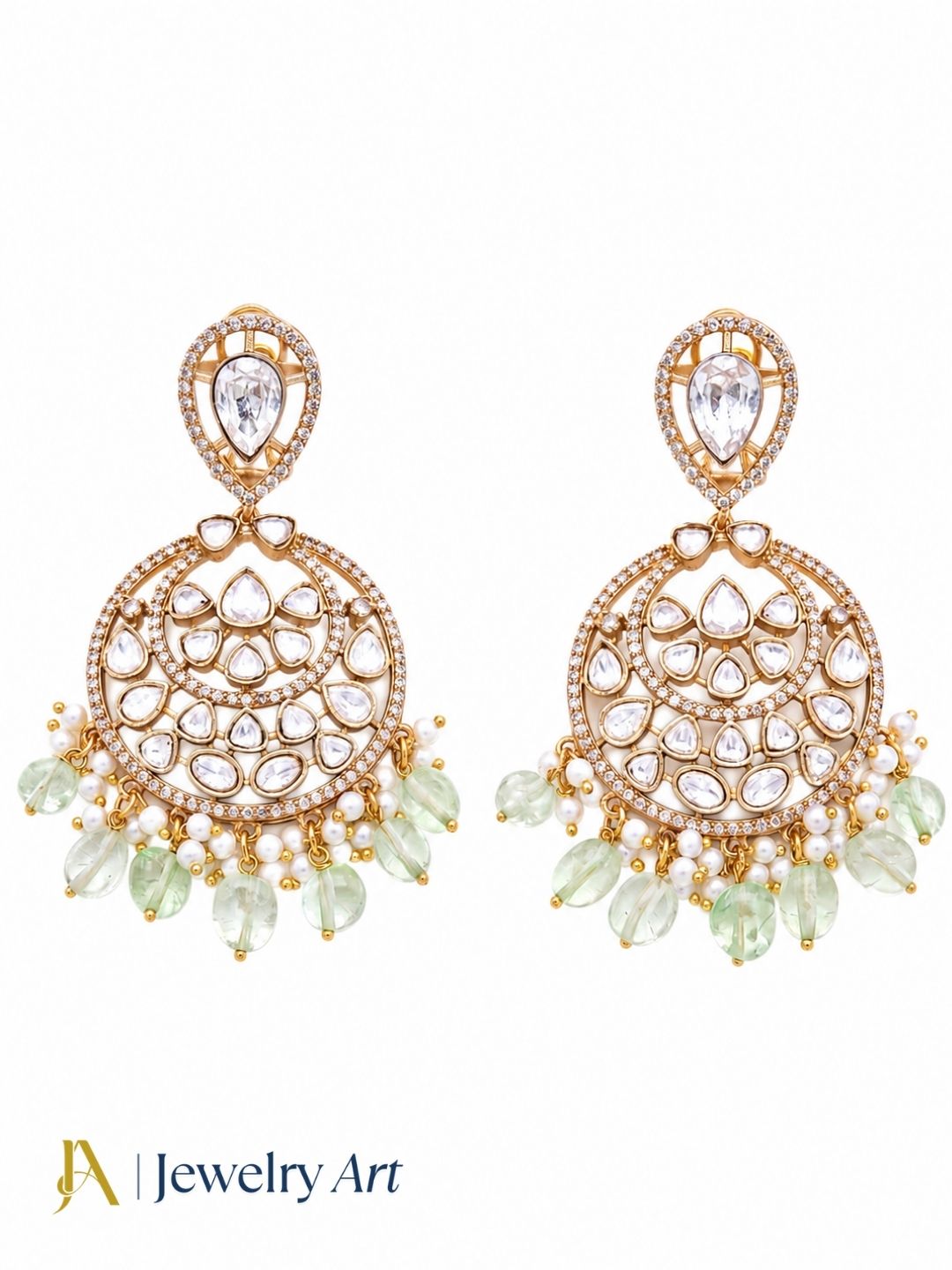 Amazing Artistic Antique Gold plated AD Stone Polky-Light Green Jade Beads with Shell Pearl Dangle Drop Earrings