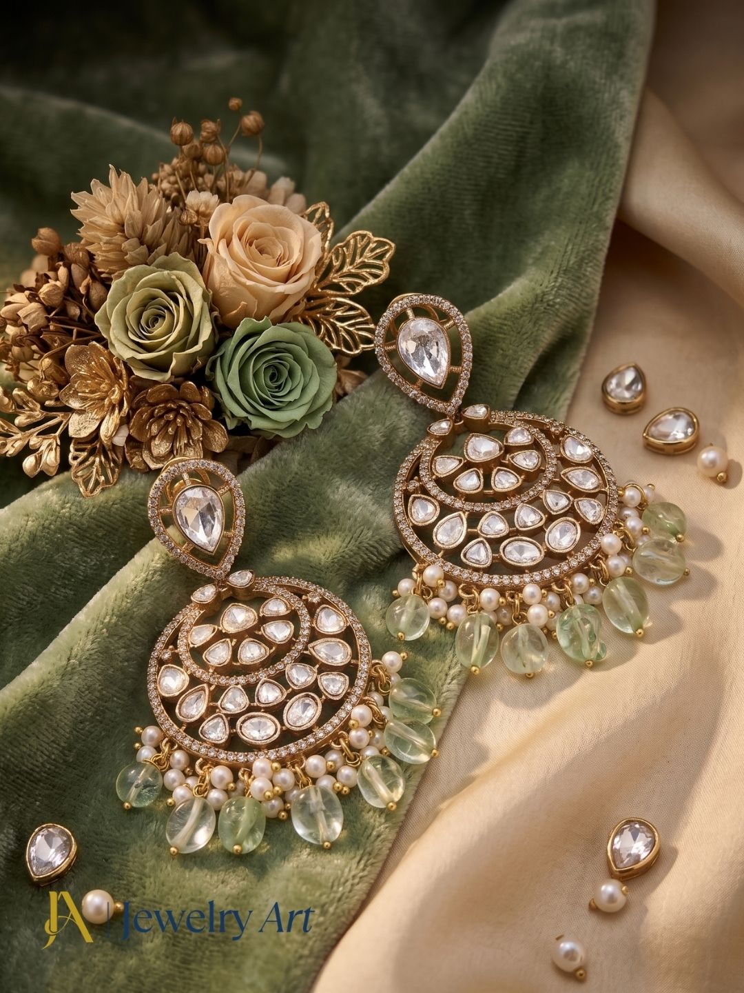 Amazing Artistic Antique Gold plated AD Stone Polky-Light Green Jade Beads with Shell Pearl Dangle Drop Earrings