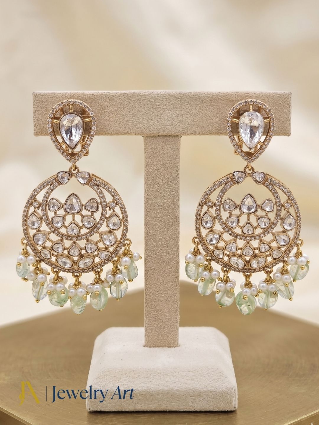 Amazing Artistic Antique Gold plated AD Stone Polky-Light Green Jade Beads with Shell Pearl Dangle Drop Earrings