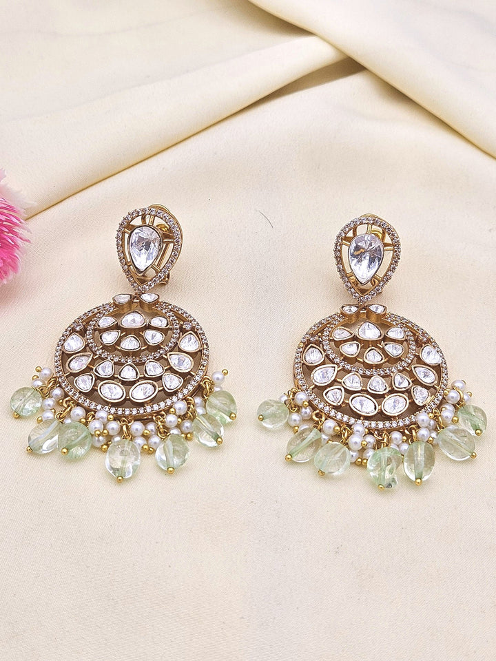 Amazing Artistic Antique Gold plated AD Stone Polky-Light Green Jade Beads with Shell Pearl Dangle Drop Earrings