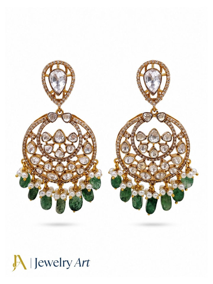Amazing Artistic Antique Gold plated AD Stone & Polky-Dark Green Jade Beads with Shell Pearl Dangle Drop Earrings