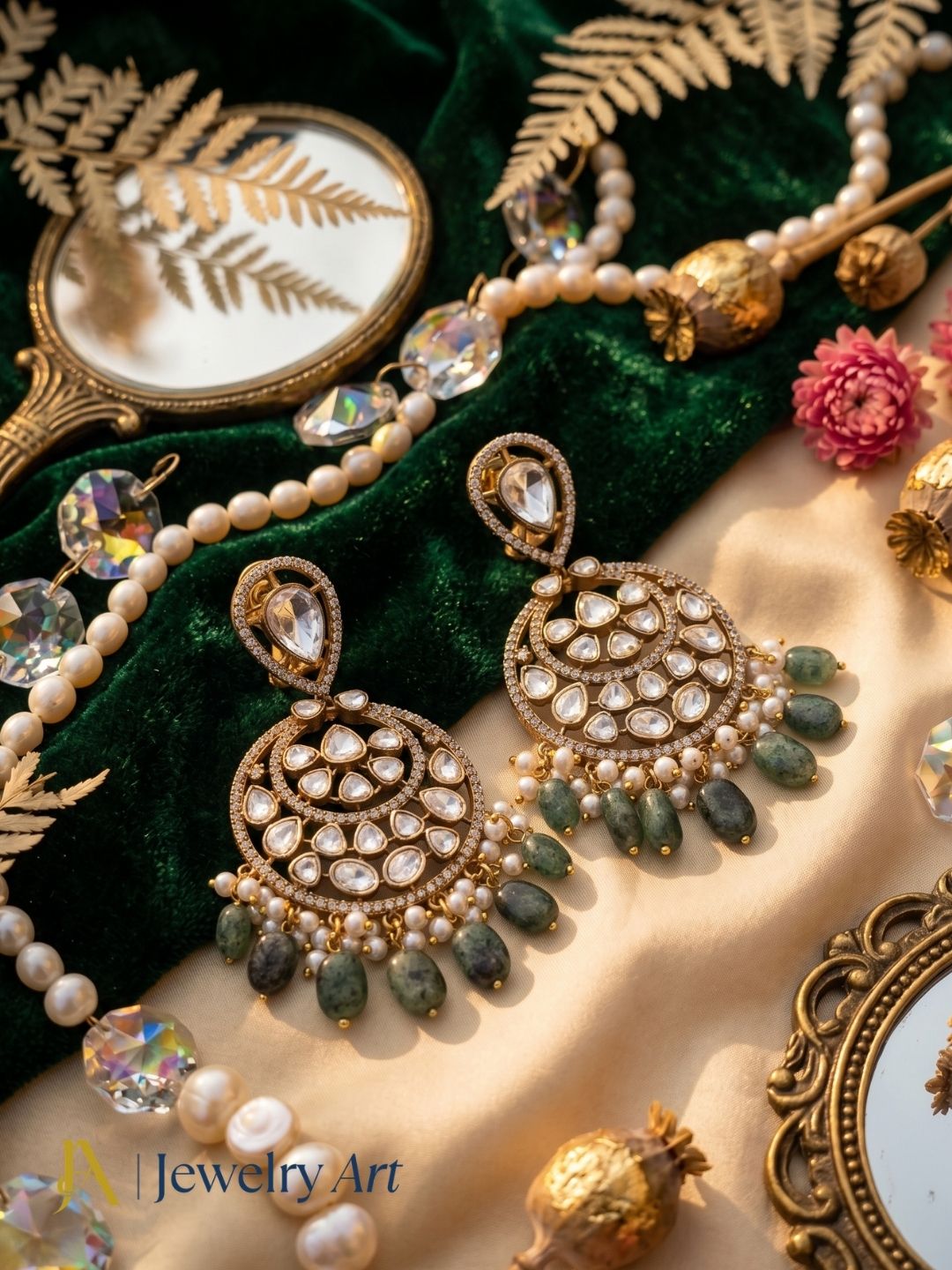 Amazing Artistic Antique Gold plated AD Stone & Polky-Dark Green Jade Beads with Shell Pearl Dangle Drop Earrings