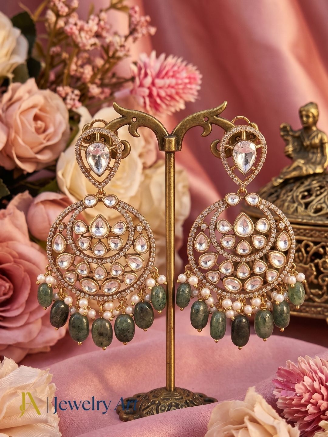 Amazing Artistic Antique Gold plated AD Stone & Polky-Dark Green Jade Beads with Shell Pearl Dangle Drop Earrings