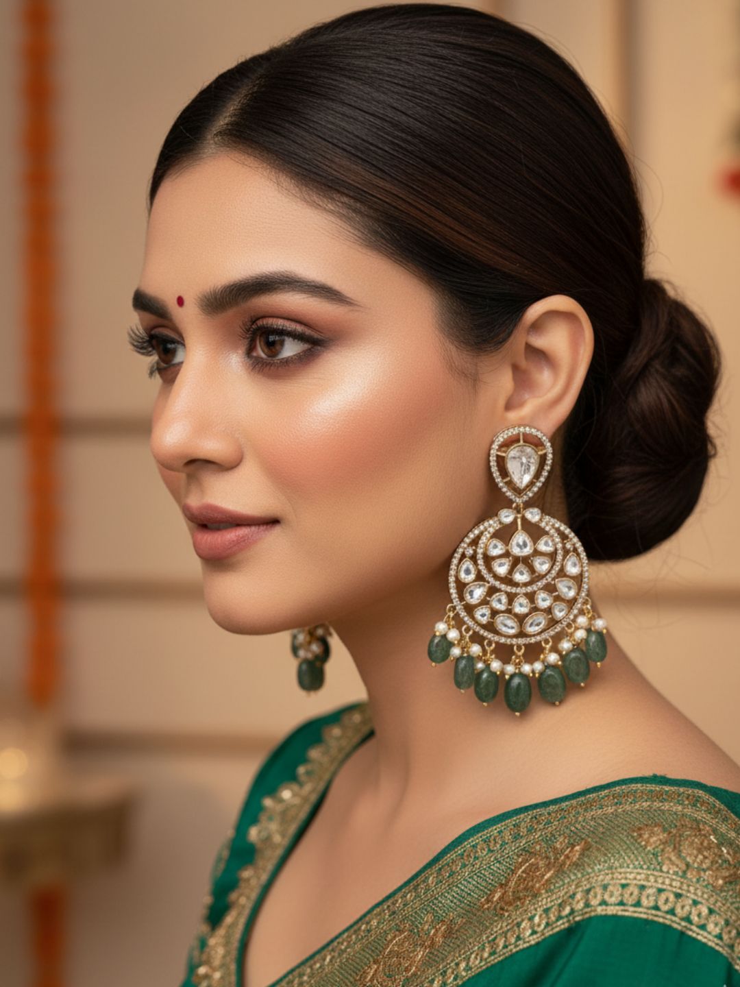 Amazing Artistic Antique Gold plated AD Stone & Polky-Dark Green Jade Beads with Shell Pearl Dangle Drop Earrings