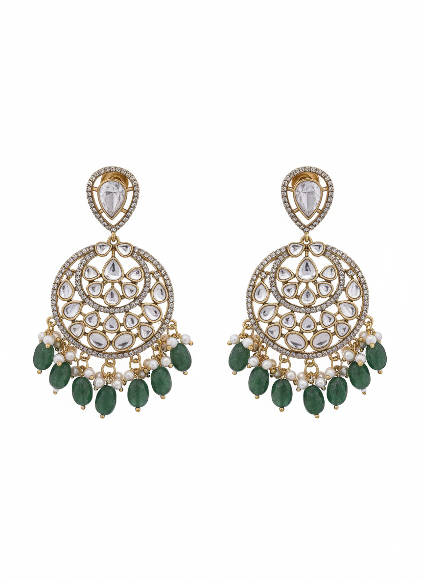 Amazing Artistic Antique Gold plated AD Stone & Polky-Dark Green Jade Beads with Shell Pearl Dangle Drop Earrings